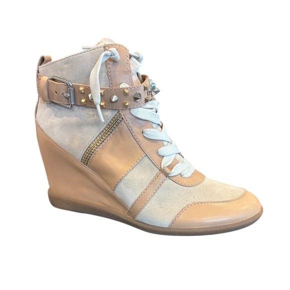 Sam Edelman Brogan Wedge Heel High Top Sneakers Tan Print Size 9.5 - Picture 1 of 5